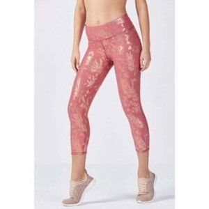 Fabletics Gold Floral Foiled Mid-Rise Cropped Yoga Leggings SMALL Women Pink